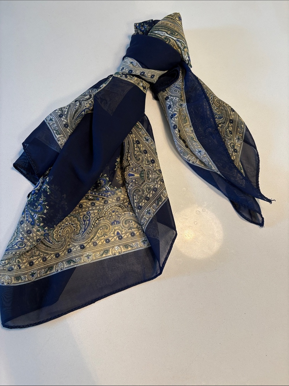 Vintage Navy Sheer Chiffon Square Scarf with Cream Details